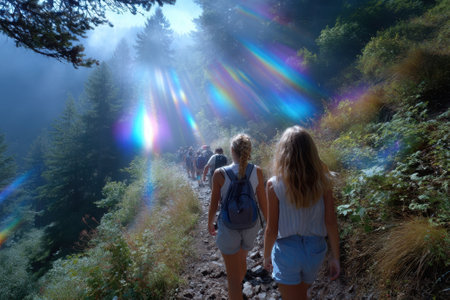 People trek along a narrow path through a misty forest, sunlight creating colorful reflections around them.の素材