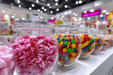 Brightly colored jars filled with various candies are arranged in a candy shop, creating a cheerful atmosphere.の写真素材