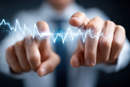 Two hands are reaching out towards a digital waveform, suggesting interaction with technology and data.の写真素材