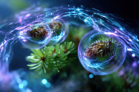 Bubbles float above vibrant green moss, glowing with blue and purple energy in a tranquil setting.の写真素材