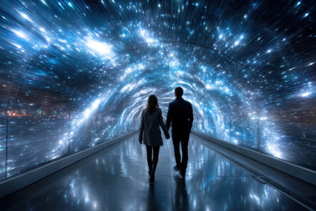 Two people stroll together through a glowing tunnel that resembles a starry night sky.の写真素材
