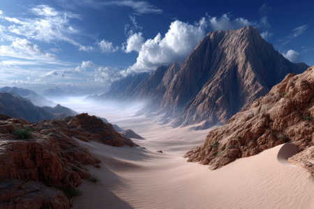 Majestic mountains and vast sandy desert under a bright blue sky highlight nature's beauty.の写真素材