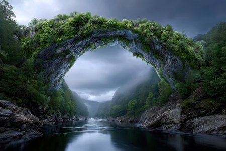 A stunning stone arch adorned with vibrant foliage towers over a calm river, shrouded in morning mist.の写真素材