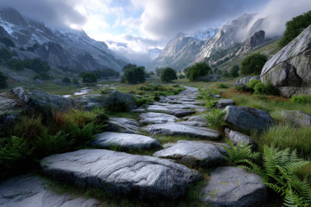 A winding stone path leads through lush greenery under dramatic clouds in a mountainous setting.の写真素材
