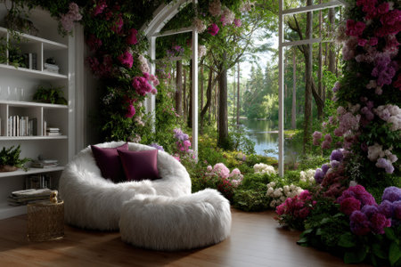 A cozy seating area with fluffy chairs overlooks a tranquil lake framed by blooming flowers in a garden.の写真素材