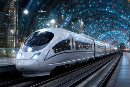 A sleek high-speed train approaches a futuristic station illuminated by vibrant lights. Urban landscape visible.の写真素材