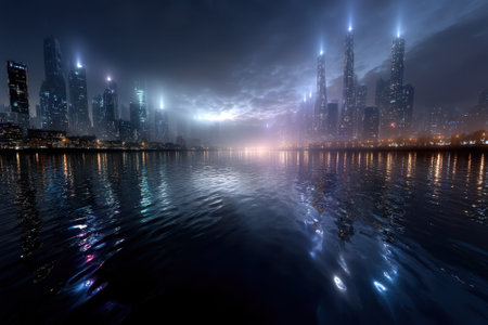 Tall skyscrapers shine brightly against a night sky, with water reflecting their colorful lights.の写真素材
