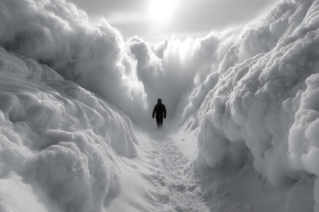 A person walks cautiously along a snow path, flanked by towering snowbanks under a bright sky.の写真素材