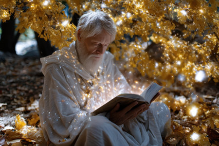 An elderly man with a long beard reads intently in a mystical forest filled with glowing yellow leaves.の写真素材