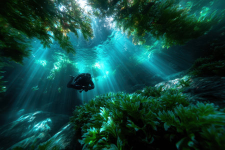 A diver explores lush greenery beneath the water surface, illuminated by sunlight streaming through.の写真素材
