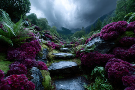 Vibrant purple flowers line a rocky path in a lush garden as dark clouds loom overhead in the distance.の写真素材