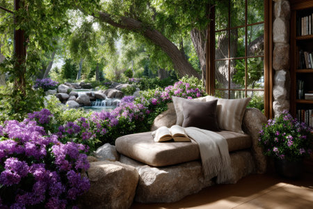 A serene corner features a comfortable stone seat surrounded by vibrant purple flowers and a gentle stream.の写真素材