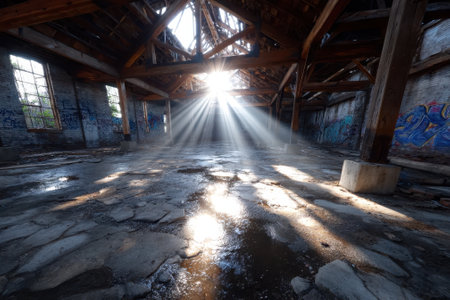 Sunlight streams through the broken roof of an old warehouse, illuminating the dusty ground and graffiti.の写真素材