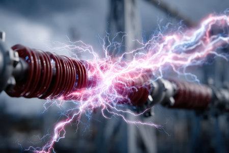 Electric discharge arcs between insulators, creating vibrant blue and purple sparks against a stormy sky.の写真素材