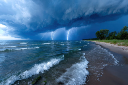 Dark clouds gather above the water as lightning strikes the lake, creating an intense atmosphere and waves.の写真素材