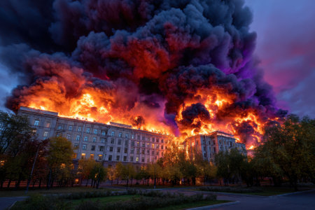 A large building is consumed by flames and thick smoke, creating a dramatic display at dusk.の写真素材
