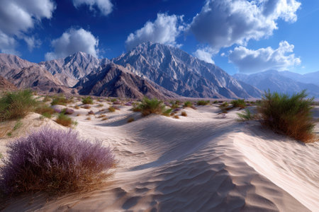 Lush vegetation contrasts against golden sand dunes and towering mountains during a sunny day in the desert.の写真素材