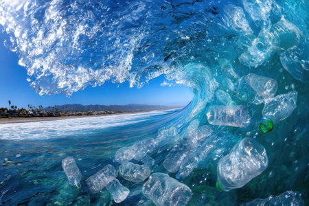 Plastic bottles float in a powerful ocean wave, illustrating the urgent issue of marine pollution along the coastline.の写真素材