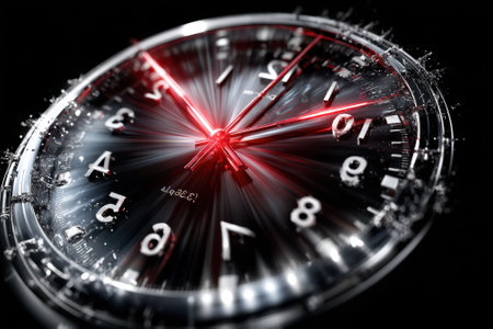 A close-up showcases a vivid watch design, emphasizing the intricate details of the dial and hands.の写真素材