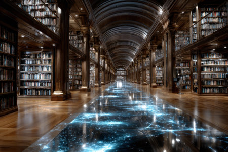 Luxurious library showcases intricate woodwork and glowing floor designs, filled with endless rows of books.の写真素材
