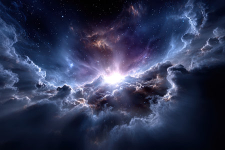 A stunning display of colorful cosmic clouds illuminated by a bright central light in deep space.の写真素材