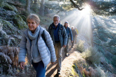 A group of older adults walks along a forest trail, enjoying sunlight filtering through the trees.の写真素材