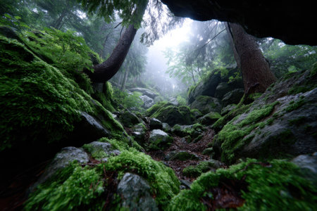 A tranquil forest path surrounded by vibrant moss and dense trees creates a serene atmosphere in the fog.の写真素材