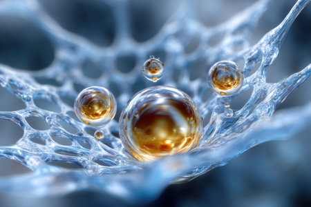 Floating water droplets form a delicate structure, glimmering softly in daylight, creating a serene atmosphere.の写真素材