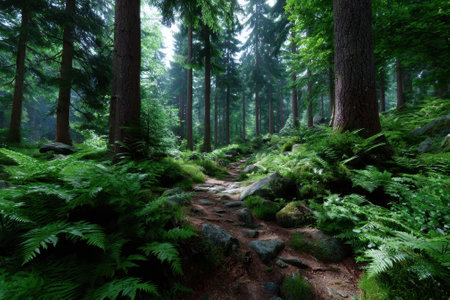 A tranquil forest trail features vibrant ferns and stones, surrounded by tall trees and dappled sunlight.の写真素材