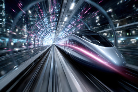 A sleek, modern train speeds through a vibrant tunnel illuminated by city lights and neon reflections.の写真素材
