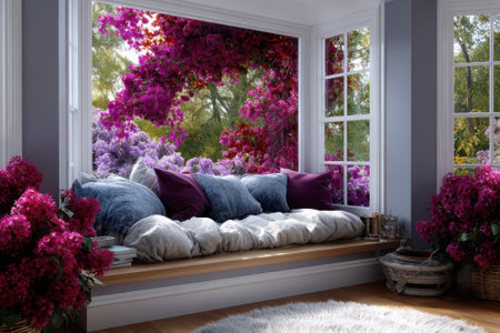 A comfortable window seat surrounded by colorful flowers creates a peaceful and inviting atmosphere.の写真素材