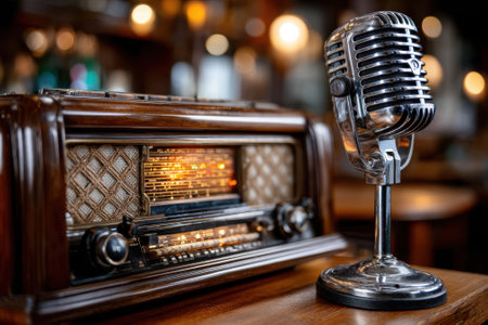 A classic microphone stands next to a retro radio, both beautifully lit in a warm, inviting bar atmosphere.の写真素材