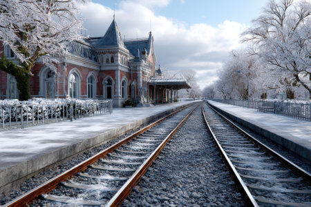 Snow blankets the ground around a beautifully restored train station, creating a serene winter atmosphere.の写真素材