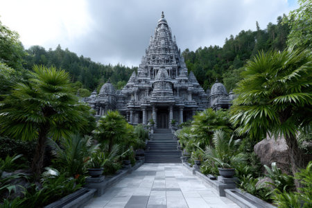A stunning temple stands majestically amidst vibrant foliage and palm trees under a cloudy sky.の写真素材