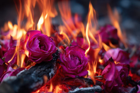Pink roses are engulfed in bright flames, creating a striking contrast against the dark background.の写真素材