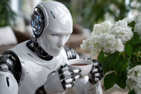 A humanoid robot sits at a table, savoring a cup of coffee in a stylish cafe with blooming flowers.の写真素材