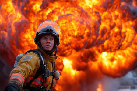 A firefighter stands resolute as a massive explosion erupts, illuminating an urban landscape with fire.の写真素材