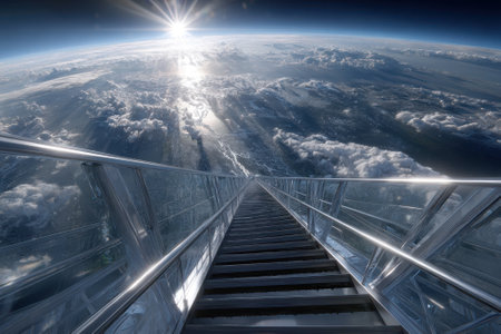A breathtaking perspective from a clear staircase ascending towards space, overlooking clouds and sunlight.の写真素材