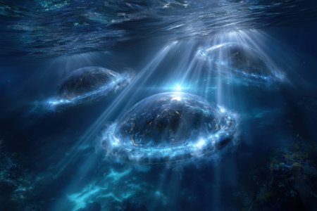 Three dome structures are underwater, surrounded by vibrant marine life and illuminated by beams of light.の写真素材