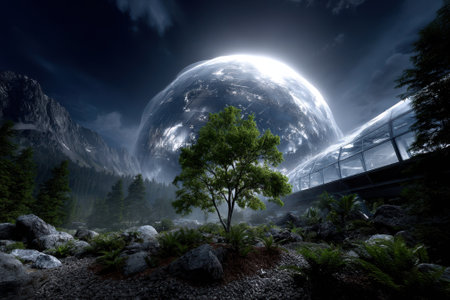A luminous planet hovers above a rocky landscape with trees and modern structures bathed in soft light.の写真素材
