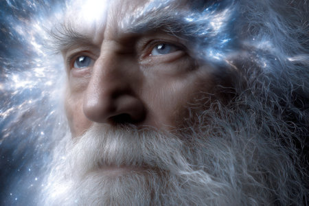 An elder with a long white beard gazes thoughtfully, surrounded by swirling celestial patterns and stars.の写真素材