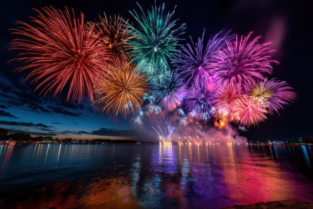 A vibrant array of fireworks lights up the night sky over a calm lake, reflecting colors beautifully.の写真素材