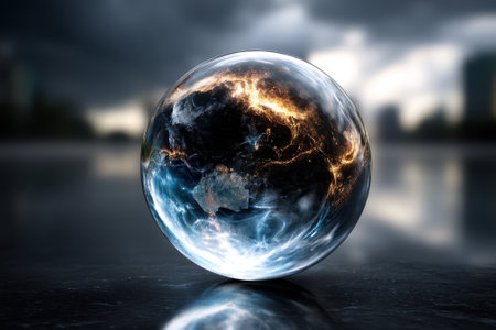 A crystal ball showcasing the glowing earth rests on a reflective surface against a dark, stormy sky.の写真素材