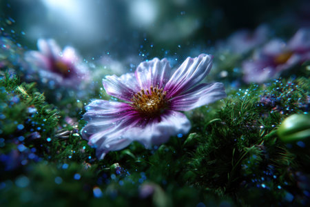 Close-up of a vibrant purple flower thriving in a green setting, illuminated by soft, dreamy light.の写真素材