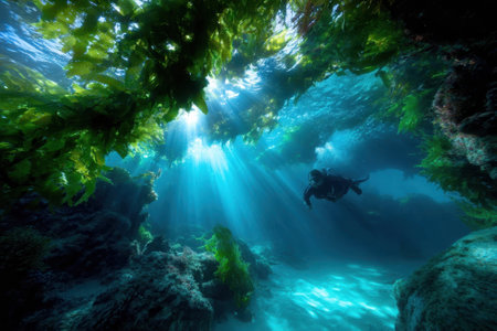 A diver swims through a vibrant kelp forest, illuminated by beams of sunlight piercing the ocean surface.の写真素材