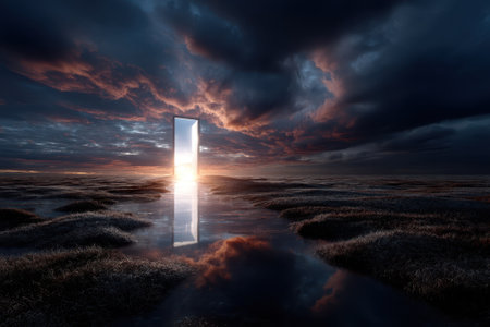A glowing door appears in a calm marshland during twilight, reflecting the colorful sky and beckoning the curious.の写真素材
