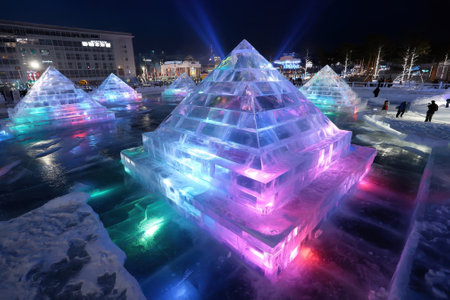Brightly lit ice pyramids create a magical atmosphere during a winter festival at night in a snowy location.の写真素材