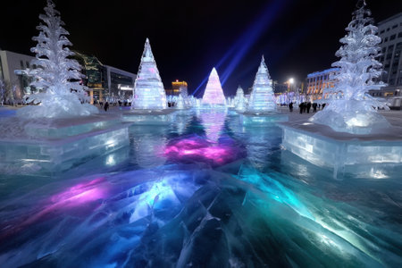 Visitors admire stunning ice sculptures and light displays during a winter festival in a city square at night.の写真素材