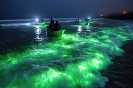Local fishermen navigate glowing waters at night, enjoying a striking view and an unexpected phenomenon.の写真素材