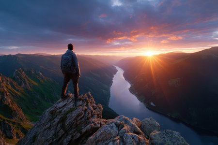 A hiker enjoys a breathtaking sunset from a mountain summit, with a winding river below and colorful clouds.の写真素材